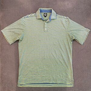 Footjoy Polo Shirt Mens Large Lime Green Blue Striped Performance Golf Wick